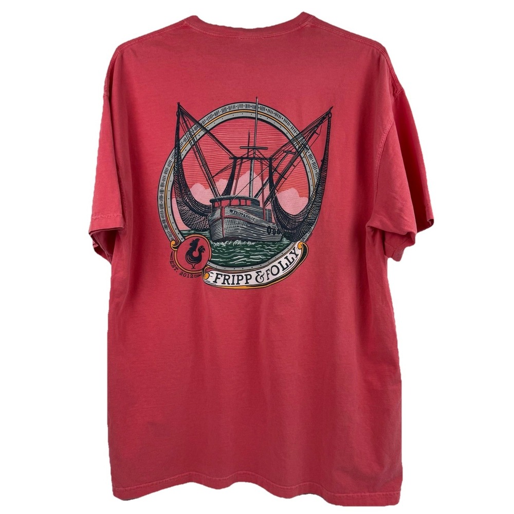 FRIPP & FOLLY Sailboat‎ Nautical Graphic Pocket T-Shirt Pink/Salmon Sz XL Preppy